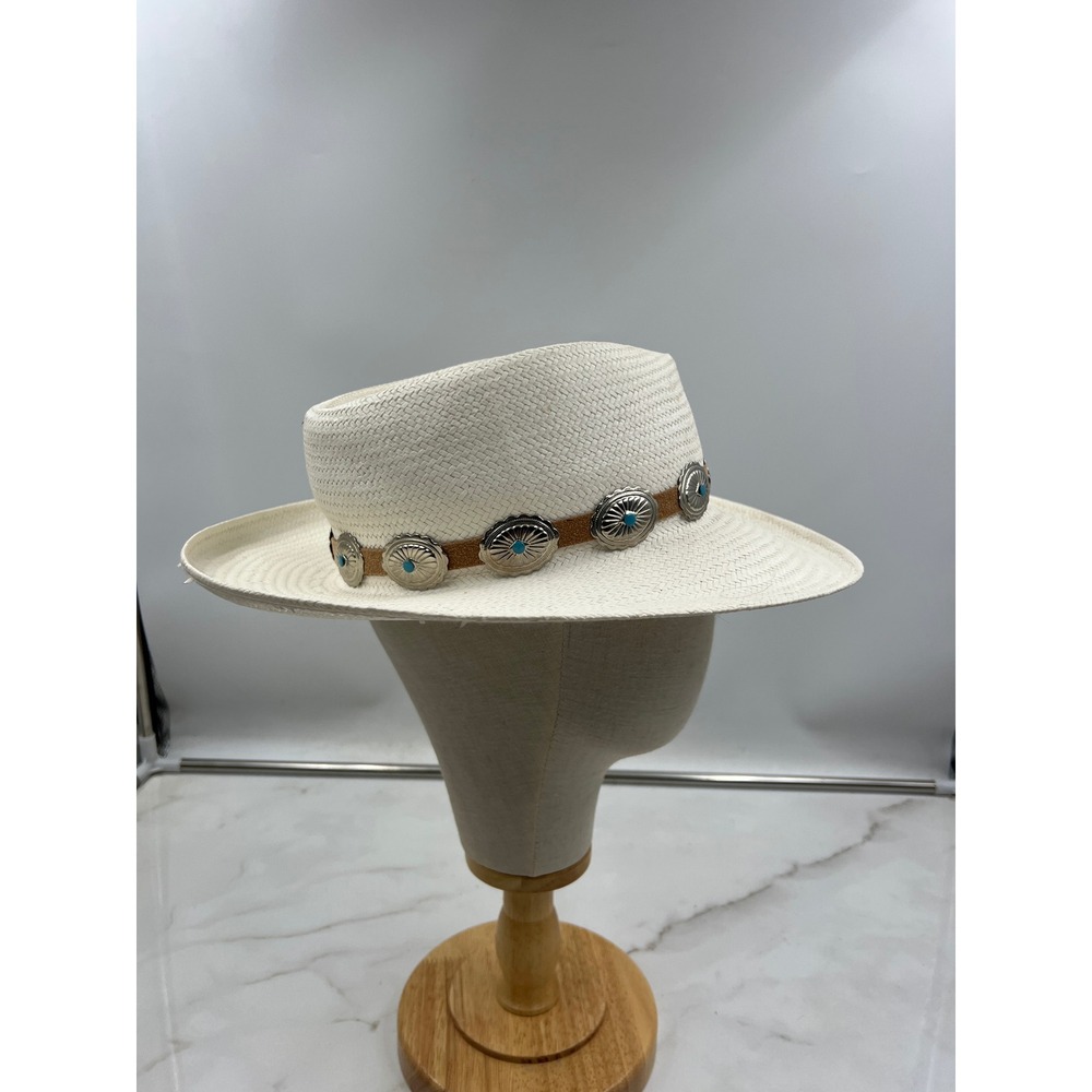The Scala Collection White Straw Fedora Hat Western Concho Turquoise Medium USA - Picture 4 of 10
